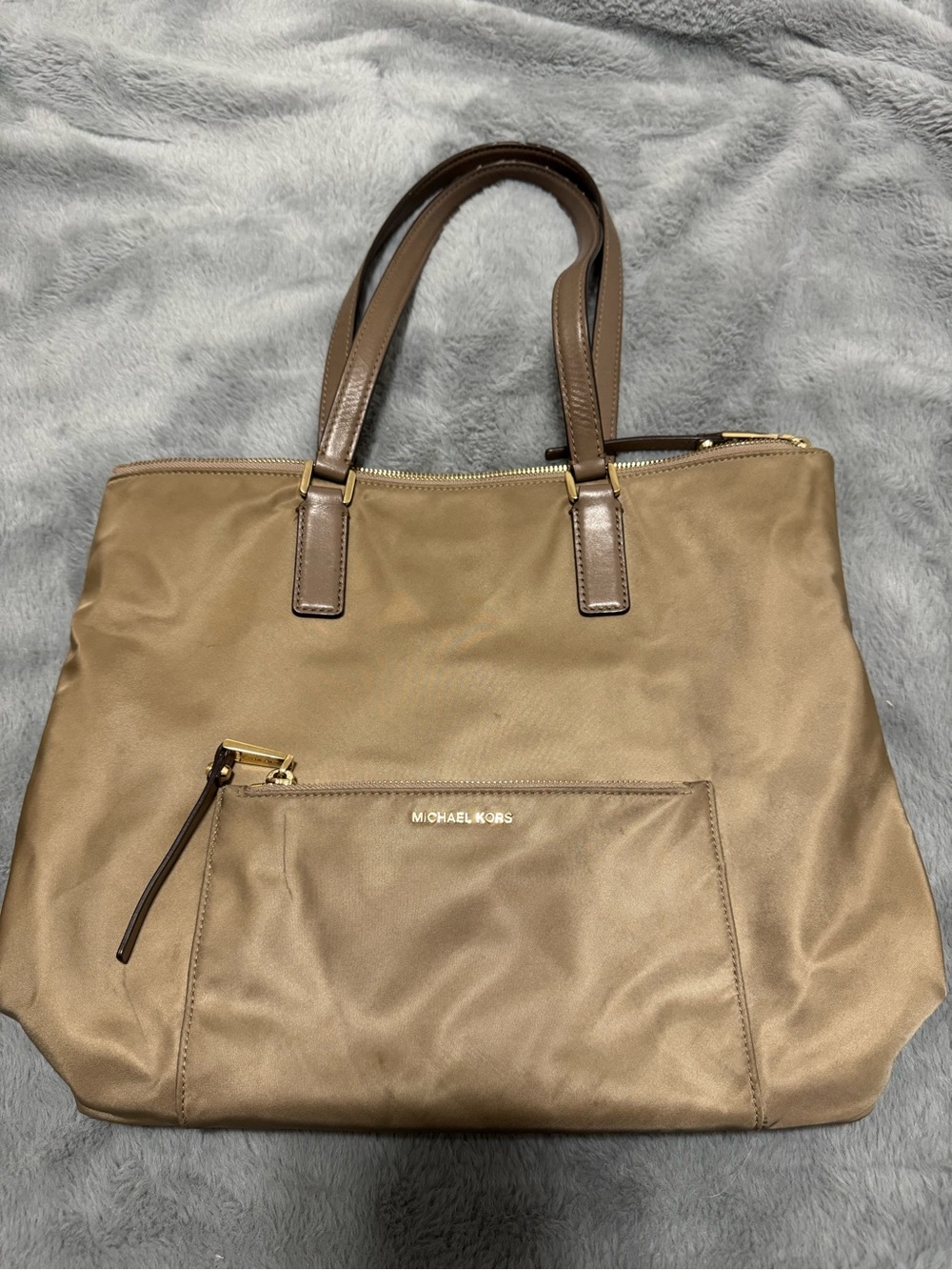 Michael Kors Taupe Brown Leather-Trim Tote with Front Zip Pocket